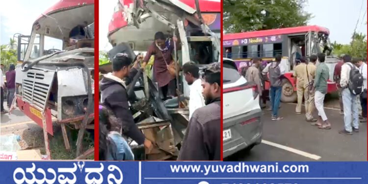 ಹೊಳೆಹಟ್ಟಿ ಬಳಿ ಮರಕ್ಕೆ ಡಿಕ್ಕಿ ಹೊಡೆದ ಬಸ್, ತಪ್ಪಿದ ಭಾರಿ ಅನಾಹುತ!
